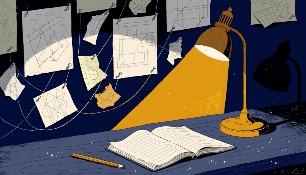 Late-night workbench with an open notebook and a wall of pinned notes and blueprints connected by thread