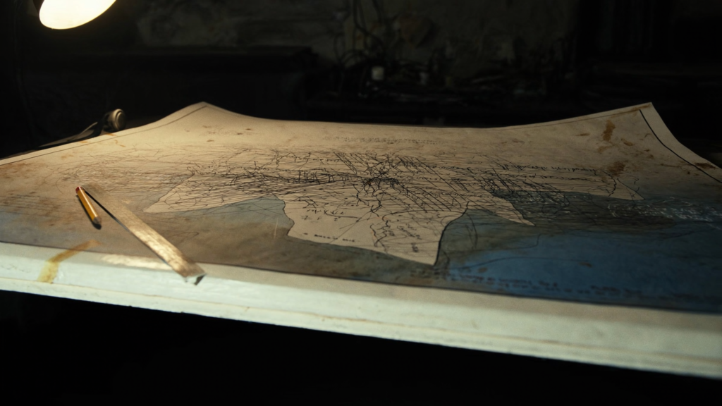 Faded blueprint on a drafting table with bold new ink lines drawn over the original design