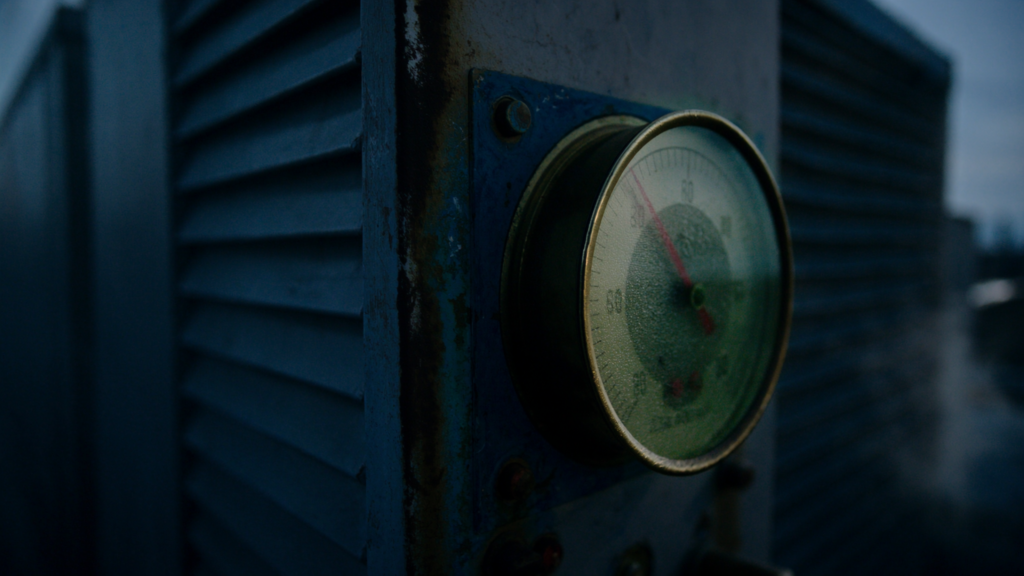 Industrial HVAC pressure gauge at dawn with the needle pushed deep into the red zone