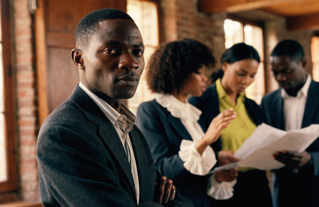 A Black founder standing front and centre with confidence while three Black colleagues review documents behind him