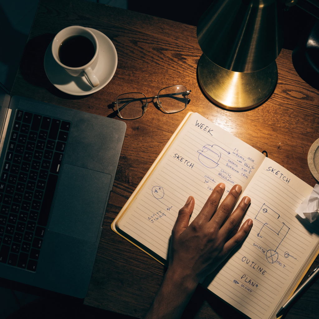 Overhead view of a notebook full of handwritten plans beside a laptop and coffee