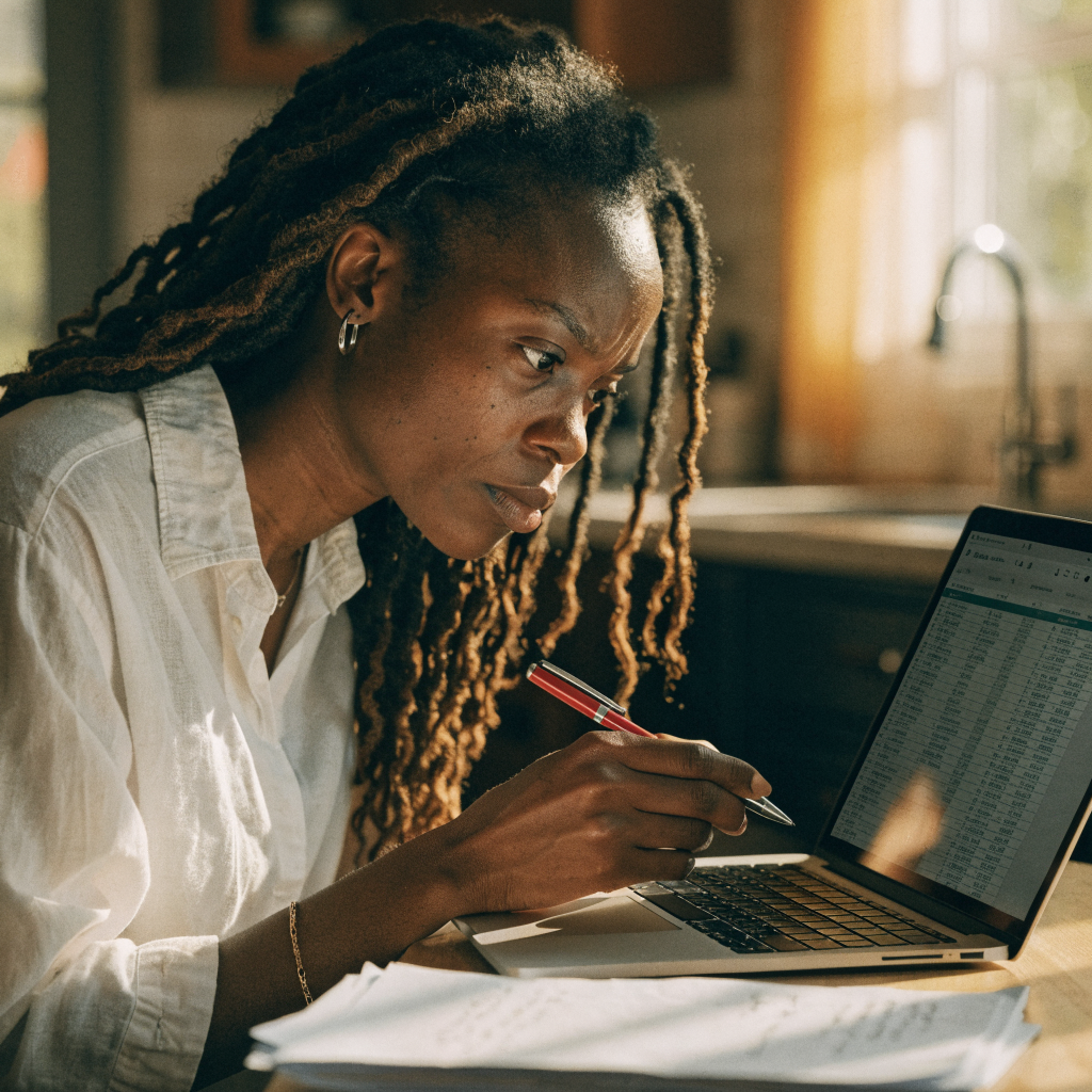 A Black woman with locs studying a spreadsheet on a laptop at a kitchen table
