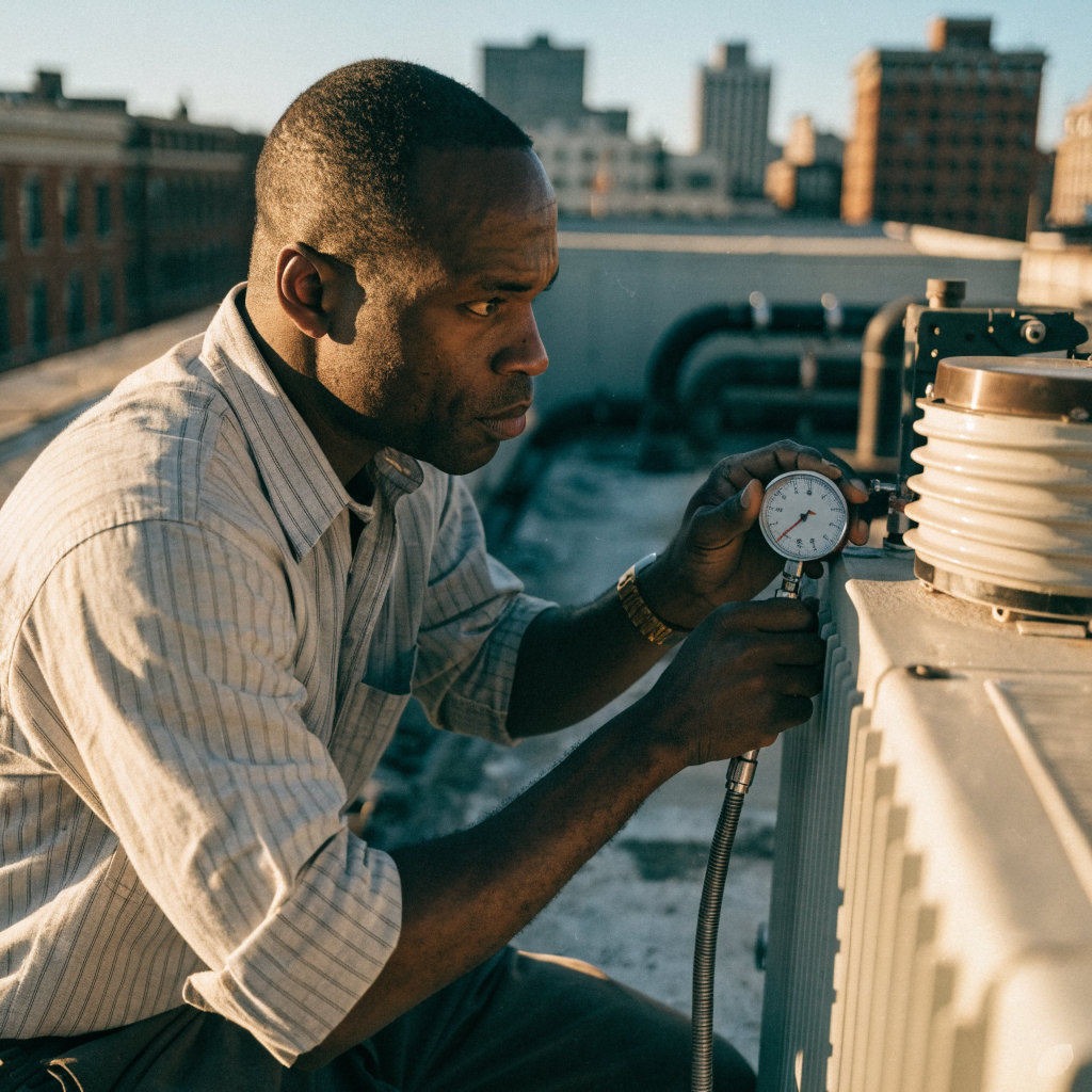 A Black man in work clothes checking a gauge on rooftop HVAC equipment at golden hour