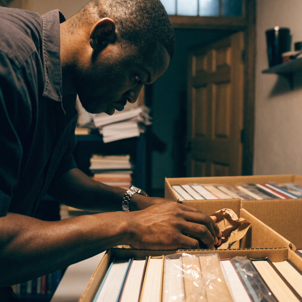 A Black man packing books into shipping boxes in a home business workspace