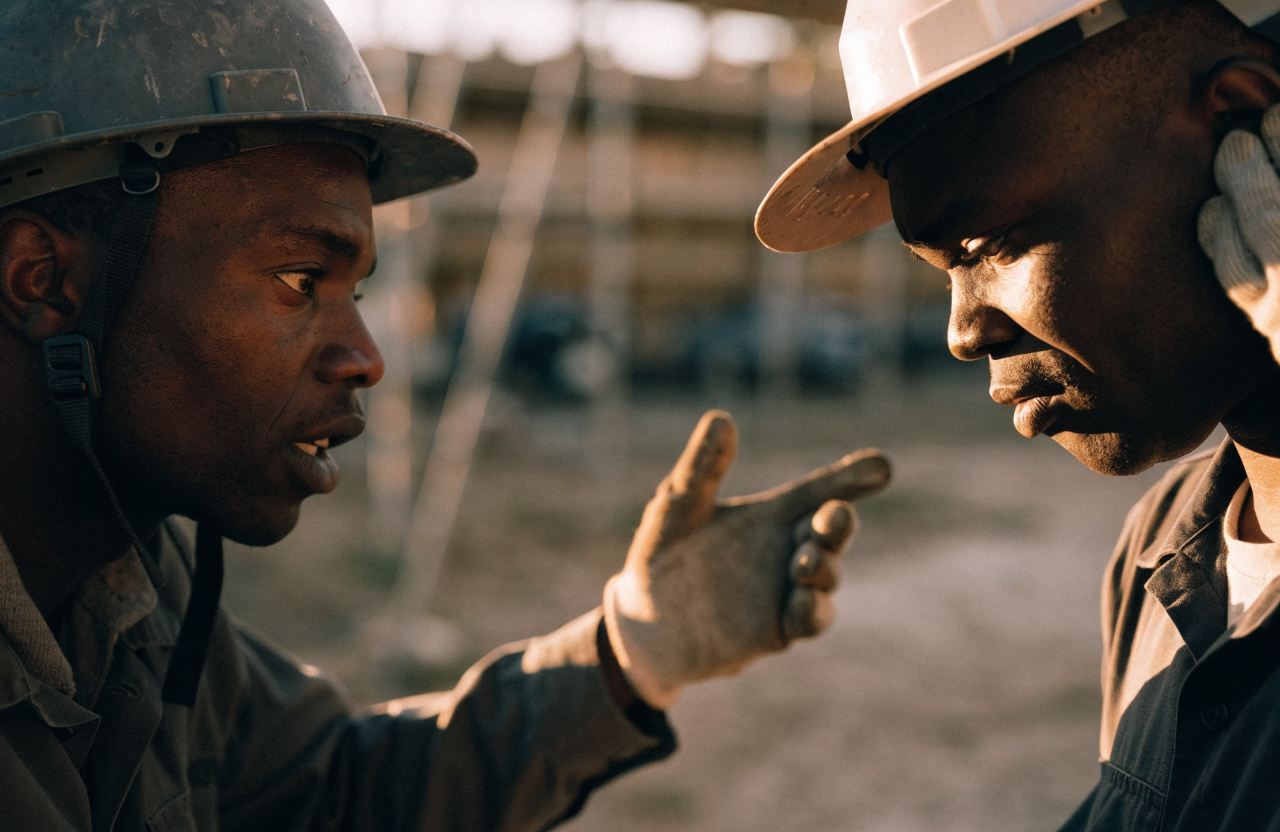 Two Black men in work clothes on a job site, one explaining while the other listens