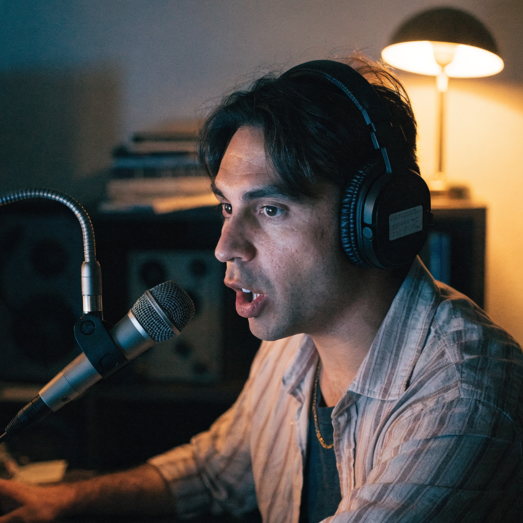 A Latino man recording at a podcast microphone in a home studio