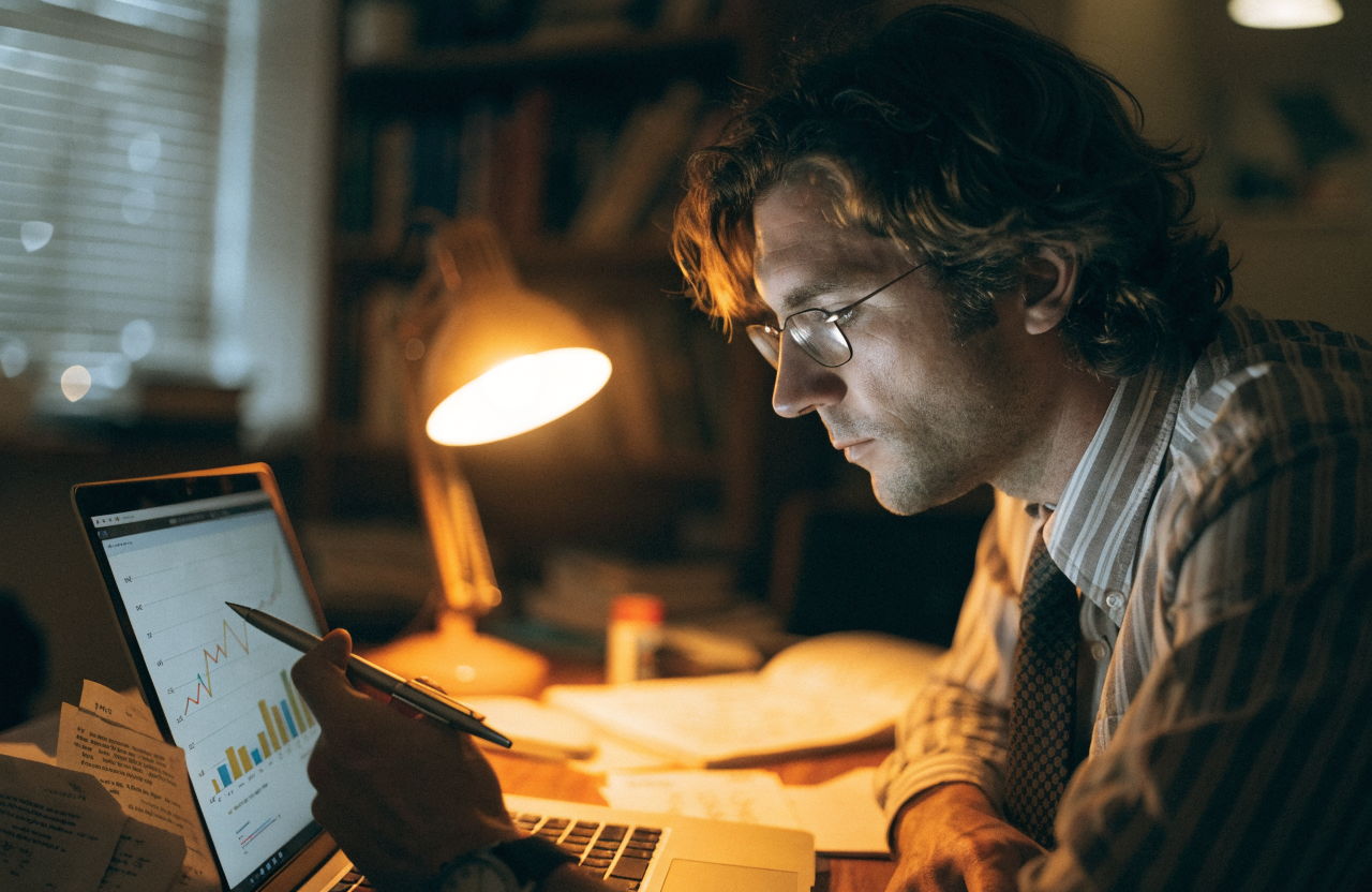 A man reviewing performance charts on a laptop at a home desk