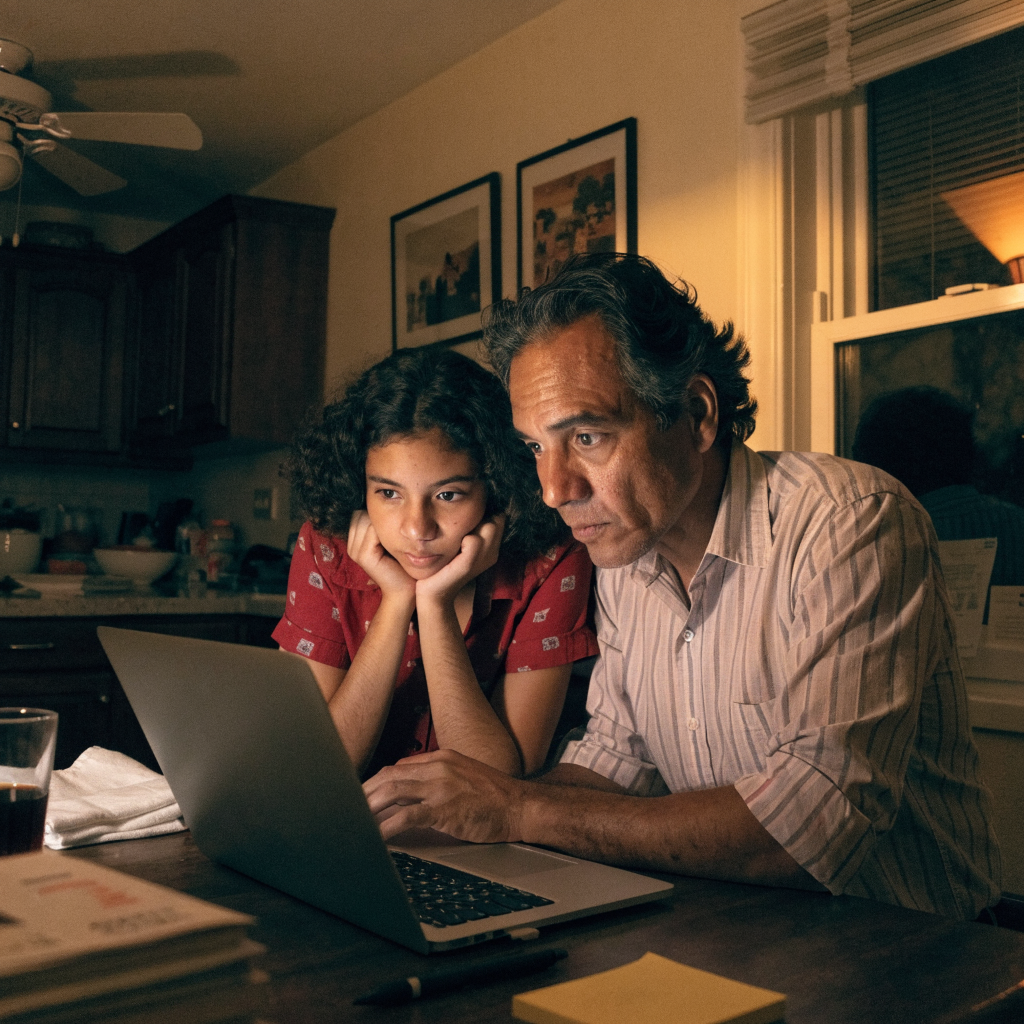 A Latino father and his teenage child looking at a laptop together at home
