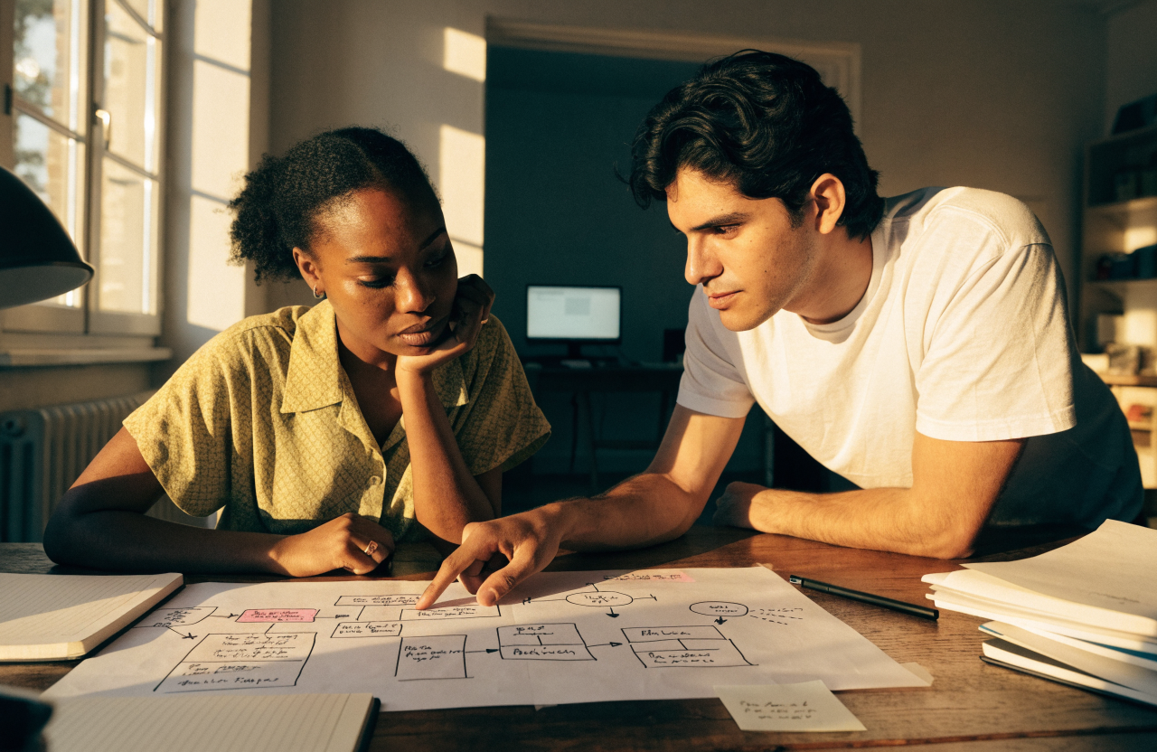 Two people studying a hand-drawn flowchart together at a desk