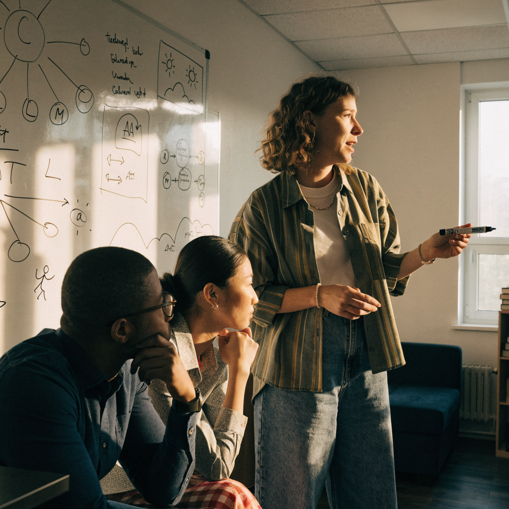 A woman presenting at a whiteboard of diagrams to two colleagues of mixed backgrounds