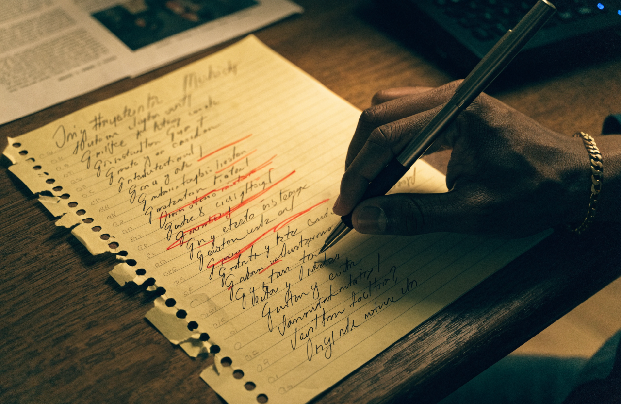 A long handwritten task list on a legal pad with most items crossed off