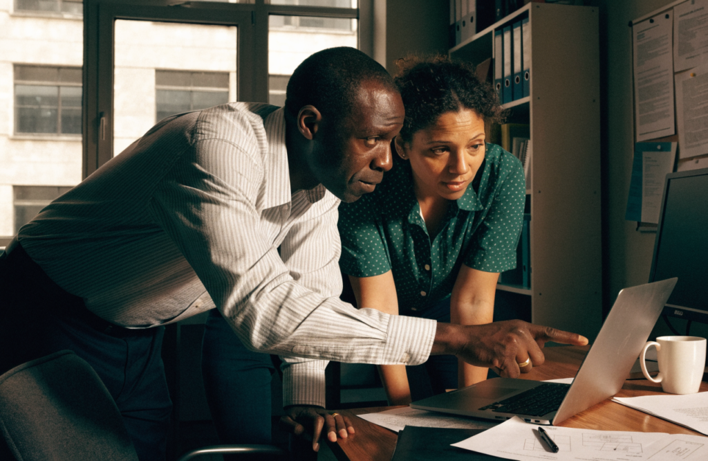 A man showing a colleague something on a laptop, both leaning in, teaching moment in a real workspace