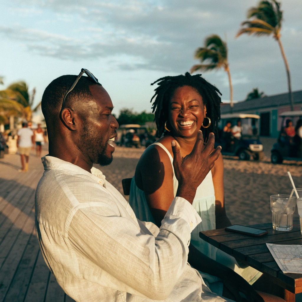 A couple sitting back at a beachfront table at golden hour, mid-conversation, golf carts passing on the sand street behind them