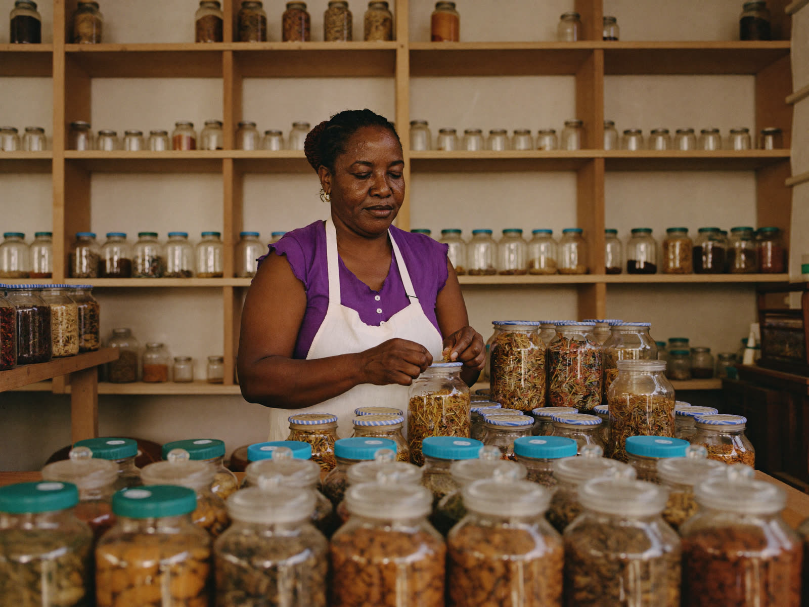 Black woman small business owner behind the counter of her shop