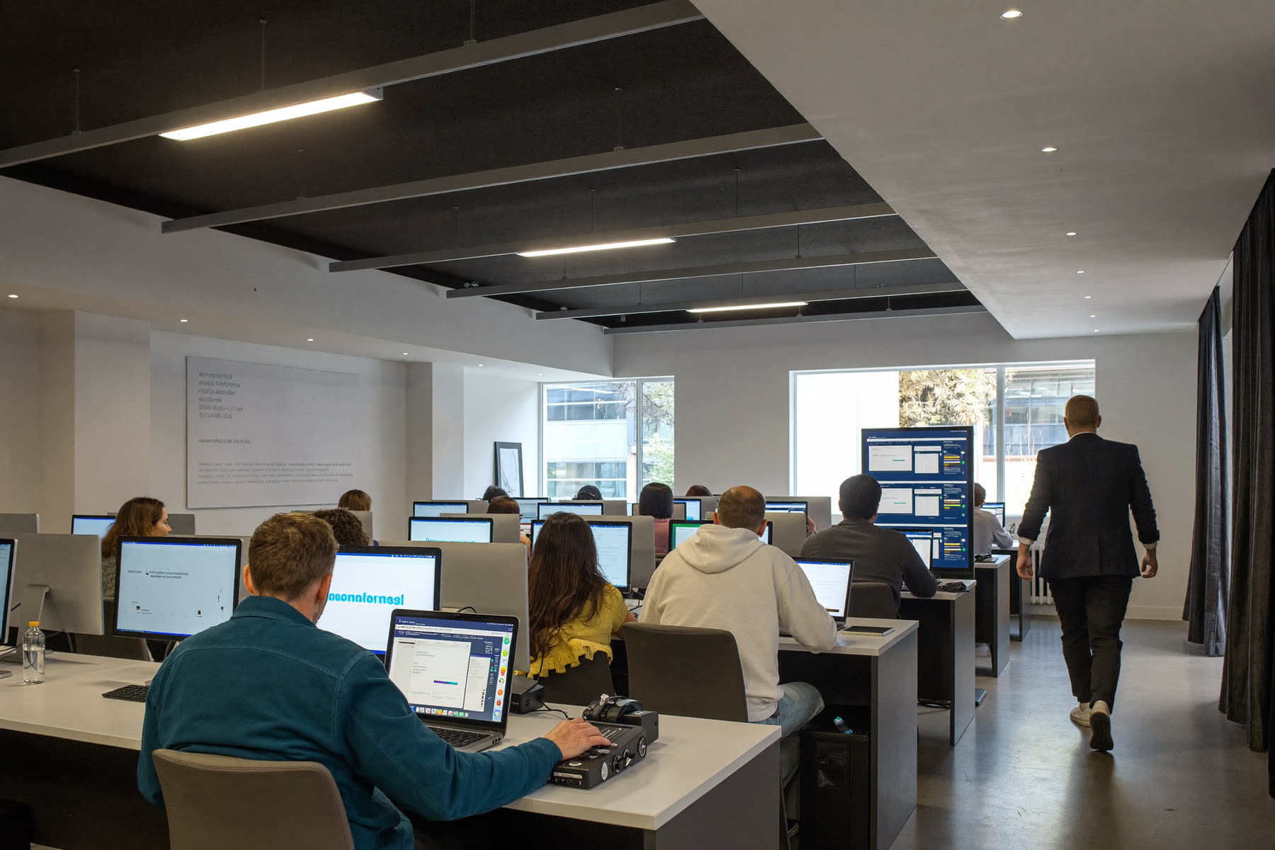 A modern computer training room with people working