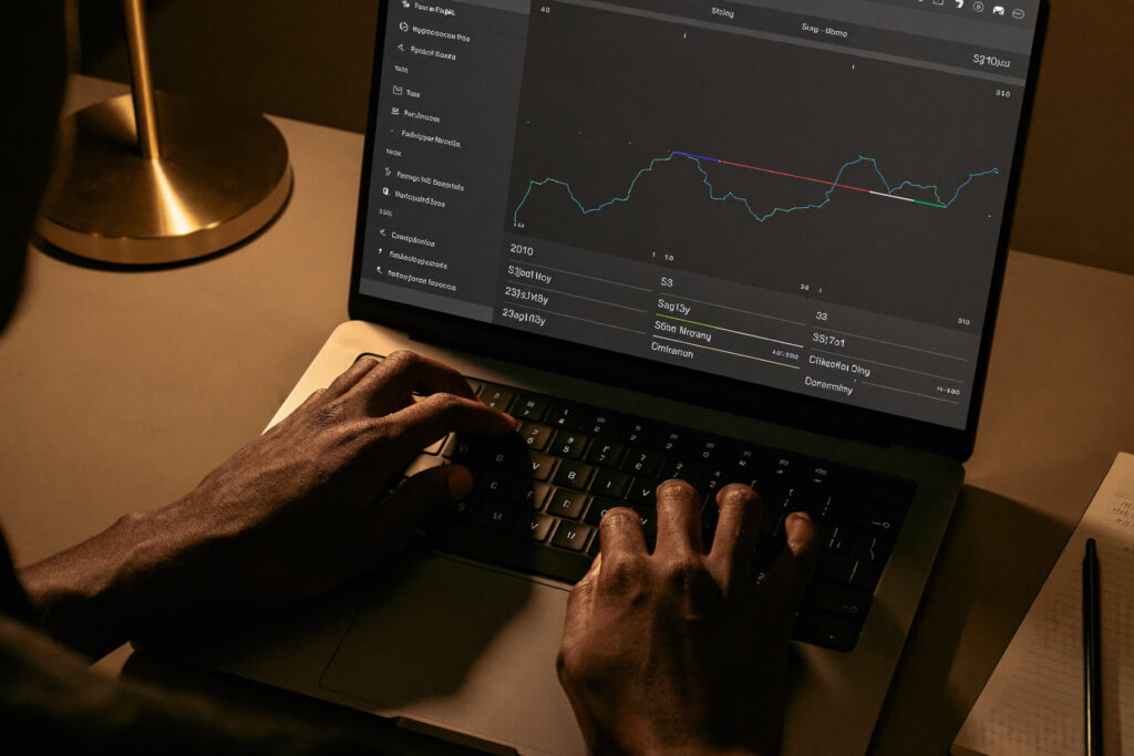 Hands typing on a laptop showing a dashboard of which blog posts get traffic