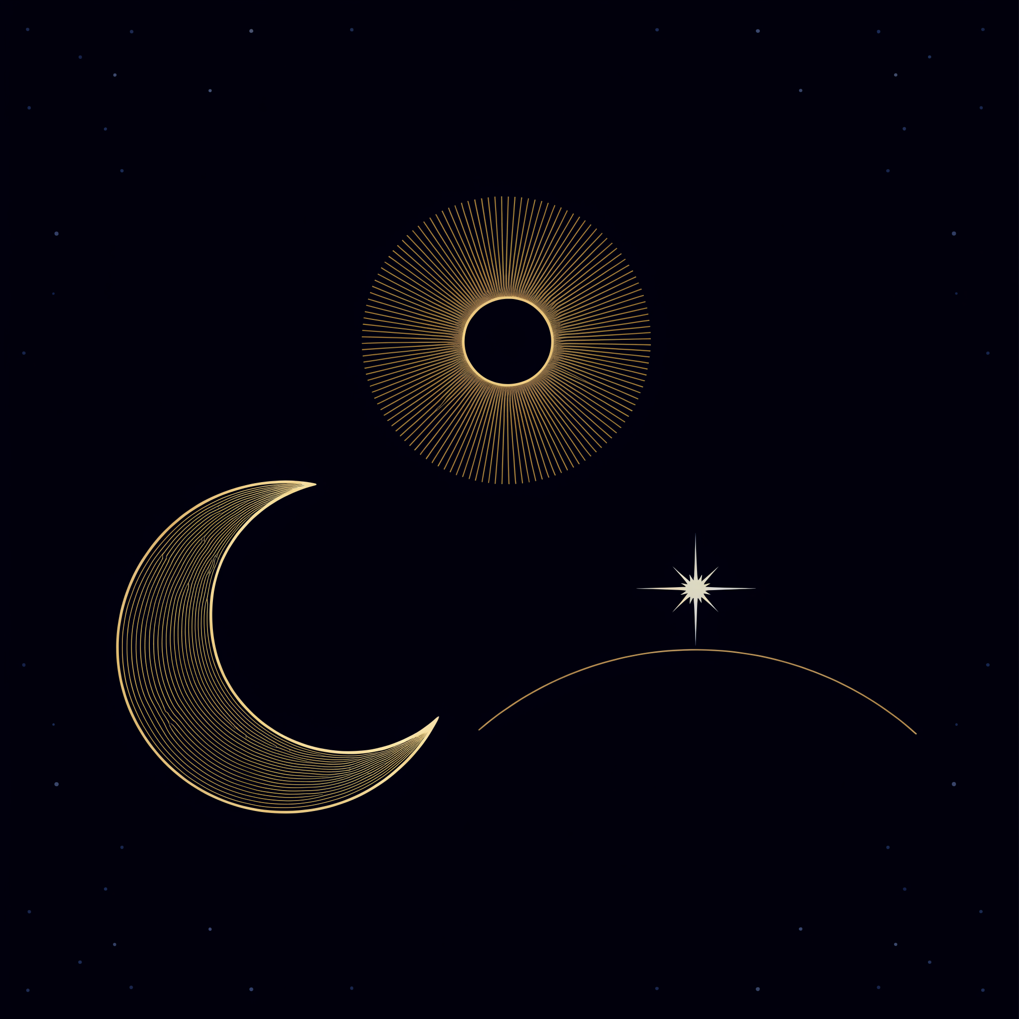 Sun, moon and rising horizon in gold linework — Big Three astrology reading