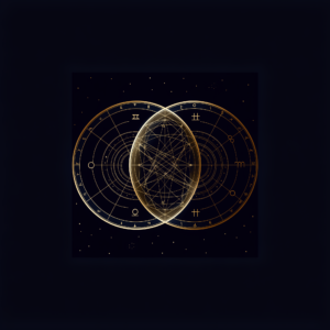 Two overlapping astrology chart wheels in gold — compatibility reading