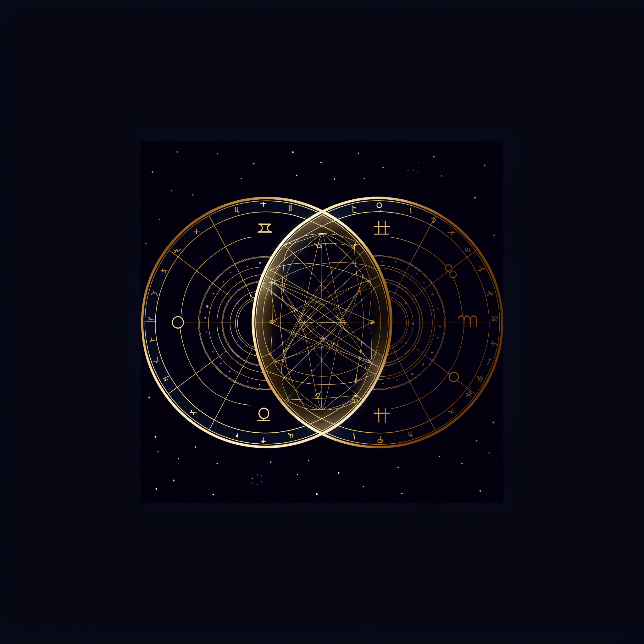 Two overlapping astrology chart wheels in gold — compatibility reading