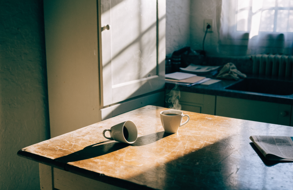 Two coffee cups on a worn kitchen table, one pushed to the side, morning light