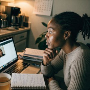 A woman at her kitchen table at night on a video call, laptop open and her own notes beside her, listening mid-thought