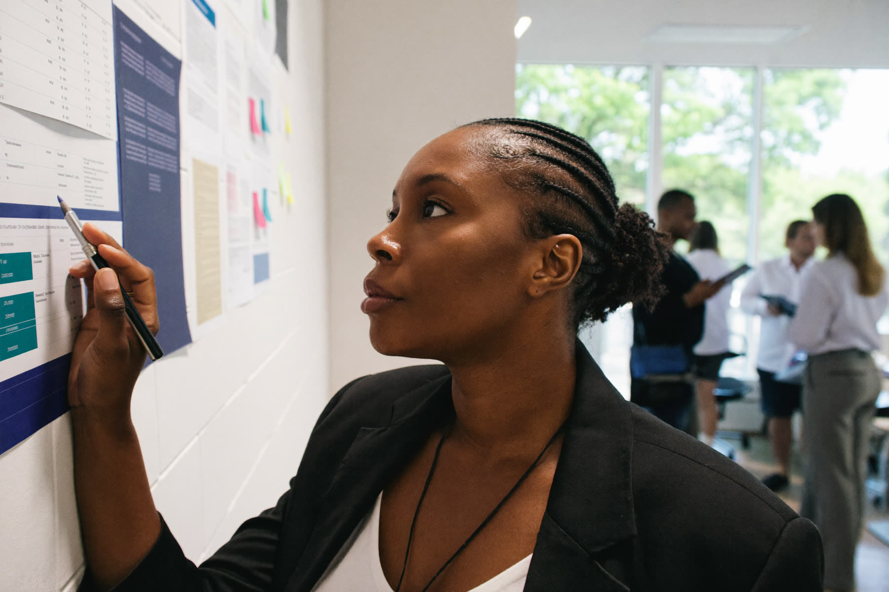 A woman studying a wall of notes and charts in an office