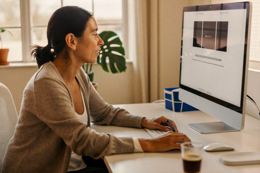 A woman at her home desk going back through blog posts she already published