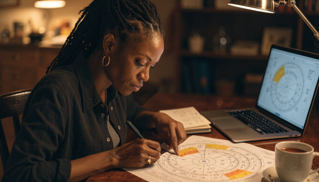A woman studying a printed birth chart at a table, tracing a line with her finger