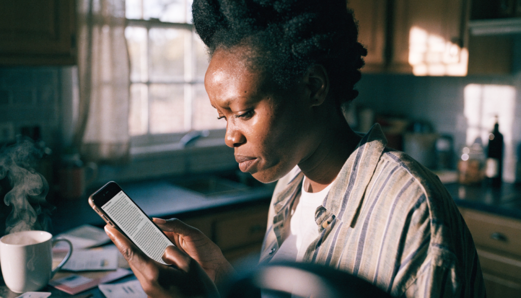 A woman reading a long article on her phone at her kitchen counter in the morning
