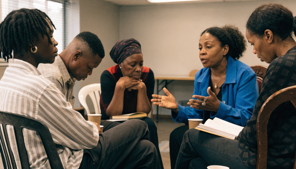 Five people sitting in a loose circle of chairs in a community room, one mid-sentence