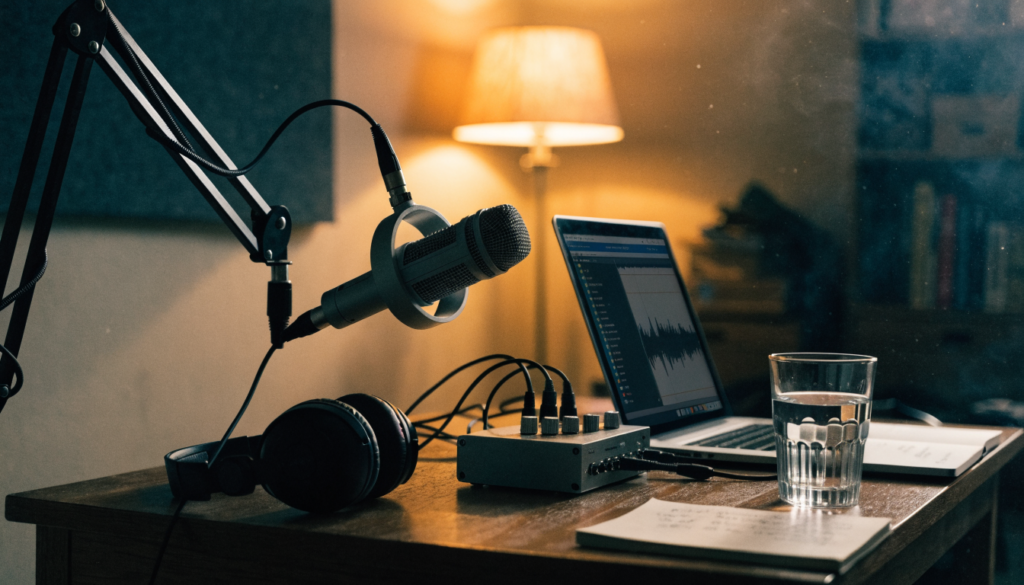 A home podcast desk with a broadcast microphone, headphones and an audio interface