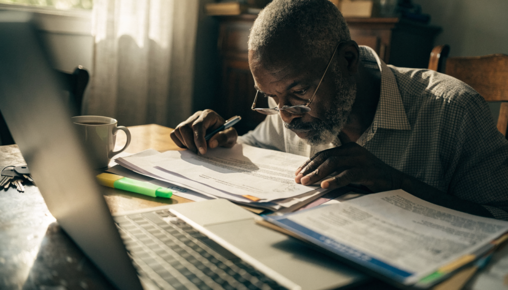 A man working through a stack of printed forms and letters at his dining table