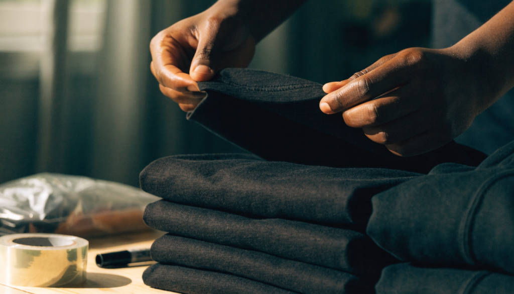 Hands checking the fabric of a folded black t-shirt above a stack of tees and hoodies